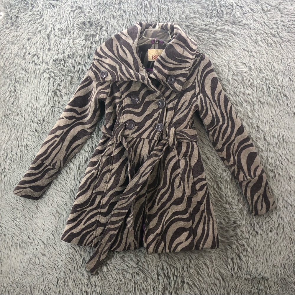 BKE Buckle Coat Womens Small Zebra Print Belted Pea Coat Pockets Heavy
